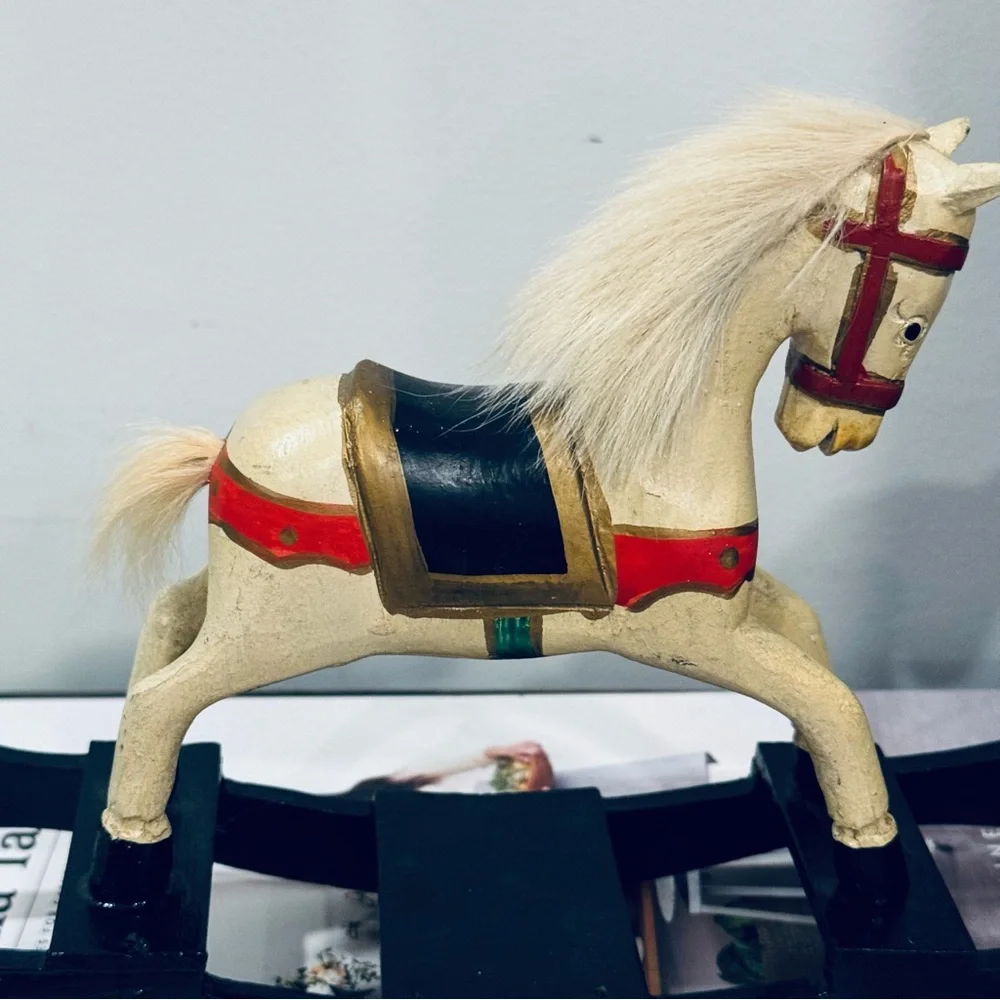 Vintage Carousel Rocking Horse 1940s Carved Wood Hand Painted Real Fur